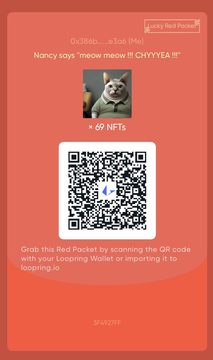 gmebuttstallion's tweet image. “Nancy says ‘meow meow !!! CHYYYEA !!!’ 
(translation: gm !!! CHYYYEA !!!)”

Thanks @yaboynancy for letting me draw you like one of those French girls. 😘

Free #Loopring #L2 art for the 69 fastest fingers 👇 with red packet scan. 

Available in my #LoopExchange collection as…