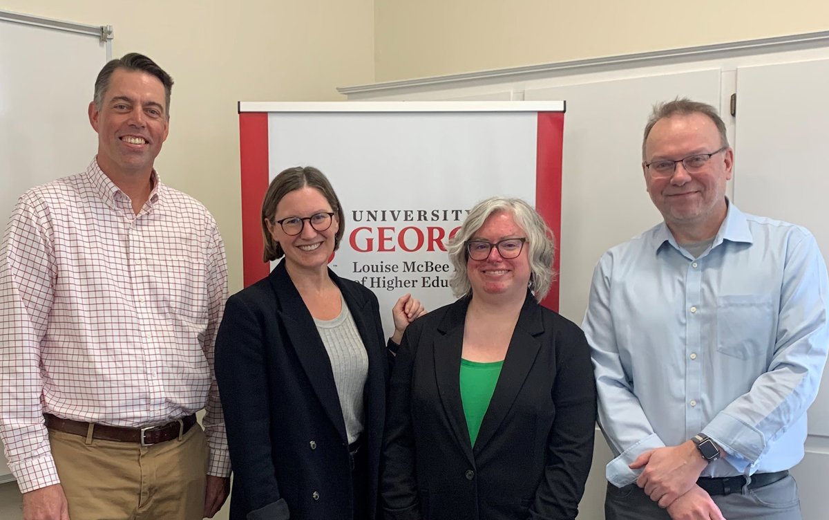 Congratulations, Dr. Leach! Join us in celebrating @erinaleach's successful dissertation defense last week! Photo shows Erin, post-defense, with her committee members, Erik Ness, @amy_stich, and @TimothyRCain. @ugalibs @UGAGradSchool @ugagradstudents