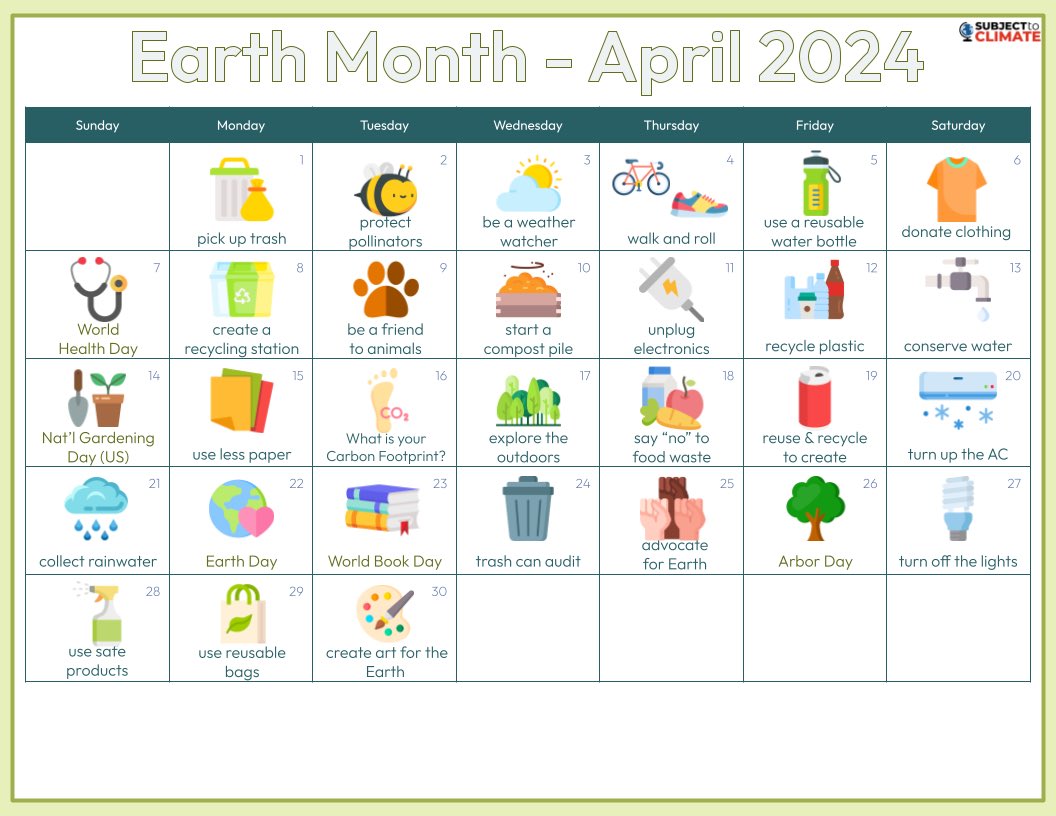 Earth Month is underway & April brings us 30 days to reflect on our contributions to a better planet & wellbeing for all. Not sure where to begin? With ideas for every day & teacher activity guides spanning K - Gr 12, SubjectToClimate has you covered! 🌳 subjecttoclimate.org/blog/2024-eart…