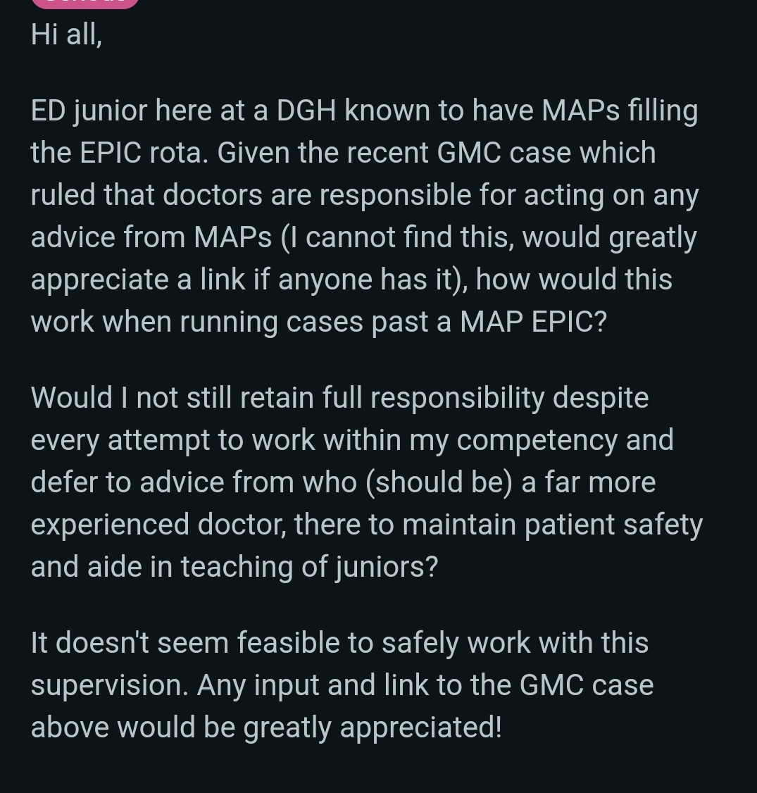 From Reddit. An emergency doctor worried about the medical and legal risk of accepting advice from a Medical Associate Professional (non-doctor) who is in a more senior role. Patient safety issue.