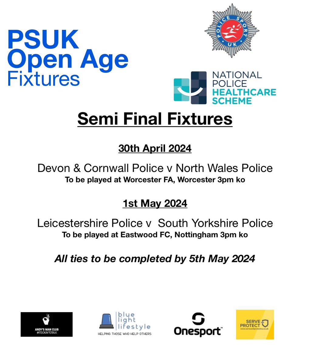 The @PSUKMenFootball National Police Healthcare Scheme Open Age Semi Finals @DC_Police v @NWPolice Tuesday 30th April 2024 @WorcesterCityFc with a 3pm ko @leicspolice v @syptweet Wednesday 1st May 2024 @EastwoodCFCV2 with a 3pm ko Good luck to the final 4 #roadtosouthshields