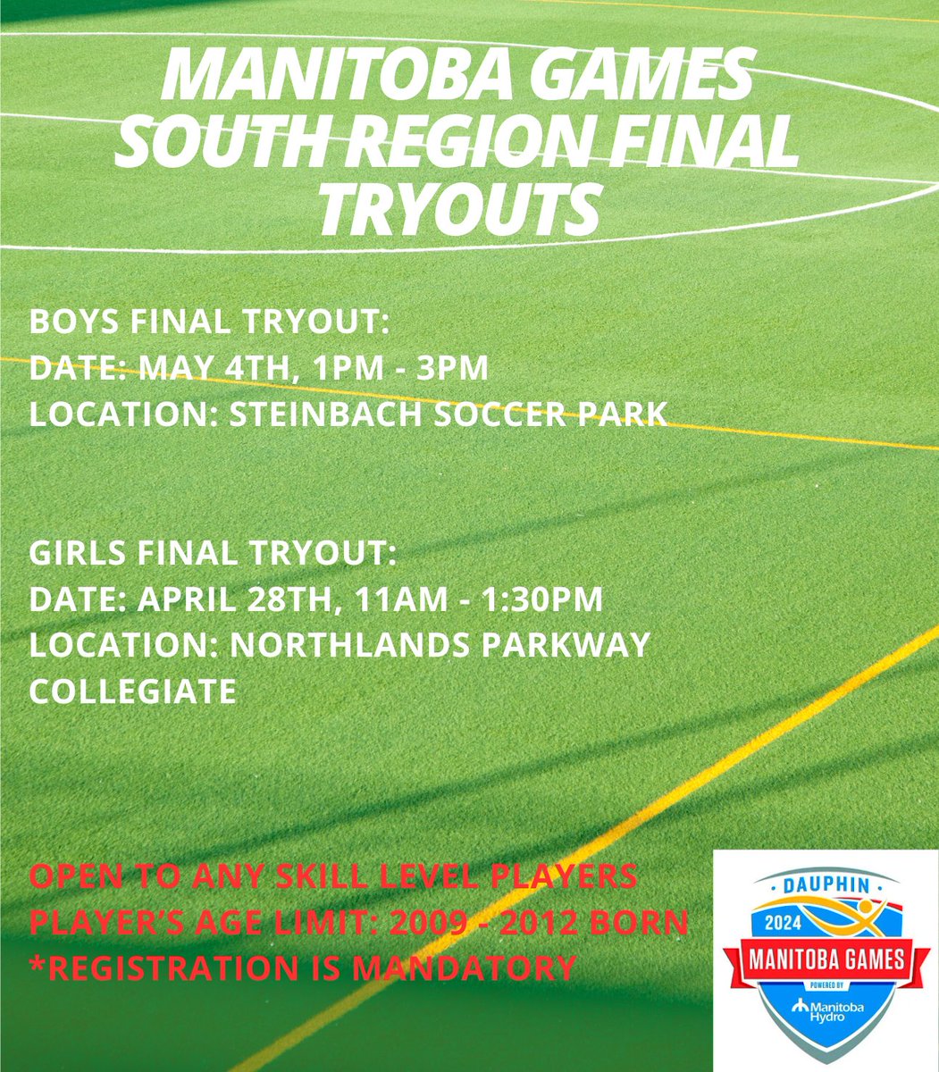 Last chance of joining South Region tryouts for the 2024 Manitoba Summer Games,come register it on Ramp today Link:rampregistrations.com/a/clinic/defau… You will need to select camp and clinic registration, then you will choose your region below the searching bar to register for the ID event