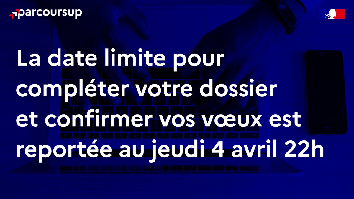 Le site #Parcoursup est momentanément indisponible. Nos équipes sont mobilisés pour rétablir la situation au plus vite. Pour vous permettre de finaliser votre dossier la date limite est reportée à jeudi 4 avril, 22h (heure de Paris). Nous vous remercions de votre compréhension.