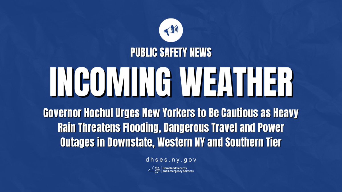 Heavy rain, gale force winds, dangerous travel conditions and potential power outages are in the forecast throughout the state through Friday. New Yorkers should monitor their local forecasts, sign up for NY-Alert, and take proper precautions: on.ny.gov/3VL7vyd