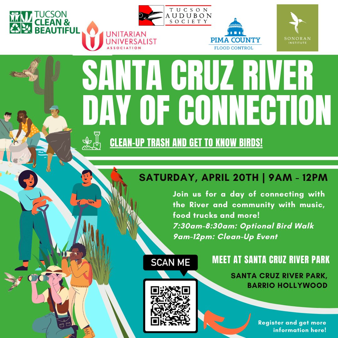 Mark your calendars for April 20th - the next Santa Cruz River Clean-up with @TCBTrees4Tucson & @tucsonaudubon We hope to see you there to kick off your Earth Day weekend celebrations! sonoraninstitute.org/events/scr-042…
