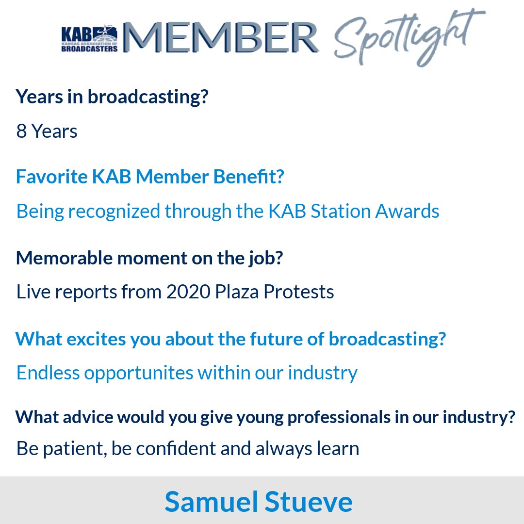Introducing this month’s Member Spotlight… Samuel Stueve! @6ftSamIII is the executive producer at @DanaAndParks on KMBZ in Kansas City. Swipe to learn more about Samuel! Each month, the KAB will shine a spotlight on a Kansas broadcaster. To learn how to be featured, please