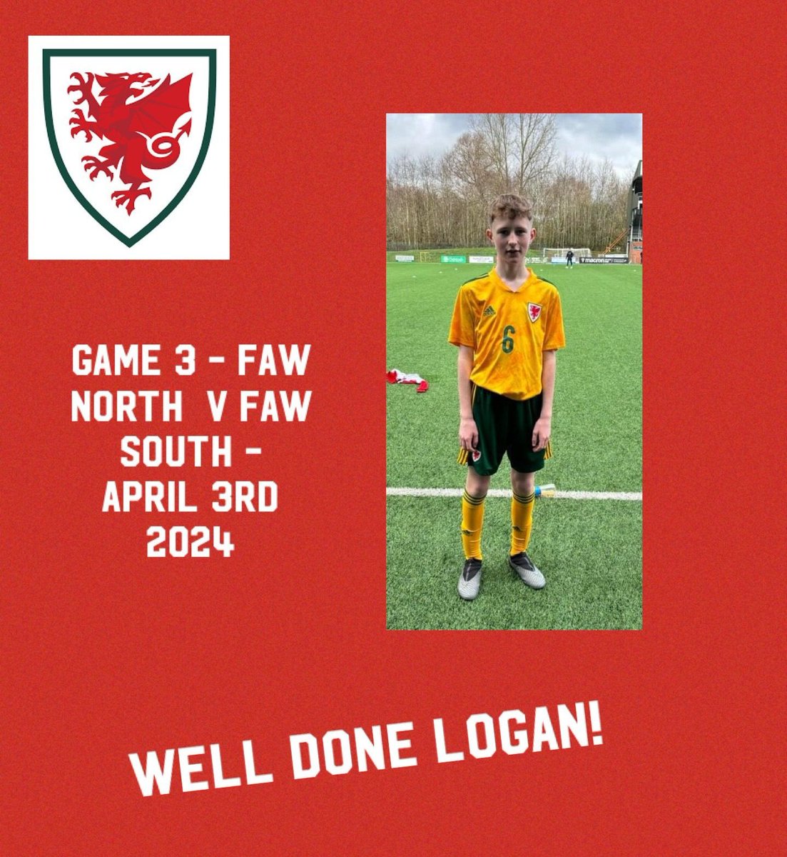 A massive congratulations to one of our u12s players who represented south Wales today in TNS The game finished 2-2 with Logan playing a full game . An amazing achievement and experience for him . Congratulations mate well deserved 👌