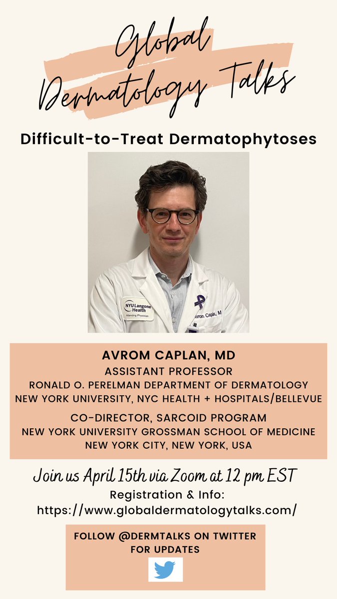 Our next GDT seminar is Monday, April 15th at 12pm EST! Join us as Dr. Avrom Caplan dives into the latest developments on emerging, difficult-to-treat dermatophytoses – a trending discussion in #dermatology! 🔍🍄 Register below⬇️⬇️⬇️ zoom.us/WEBINAR/REGIST…