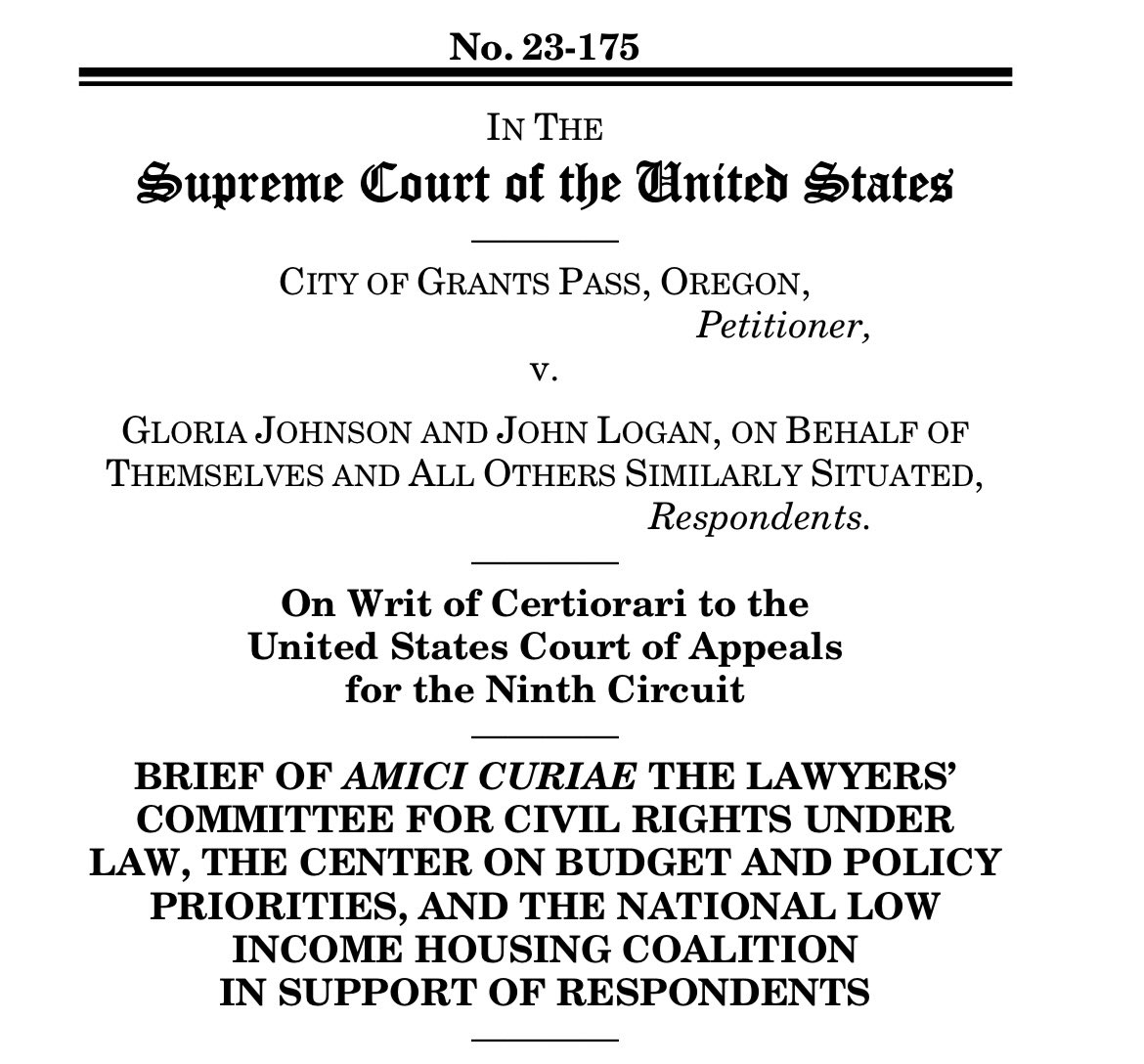 Today @NLIHC @LawyersComm & @CenterOnBudget filed an amicus brief urging SCOTUS to uphold the rights of unhoused people. Housing ends homelessness - not arrests or fines that further punish individuals who are struggling to survive. nlihc.org/news/nlihc-and…