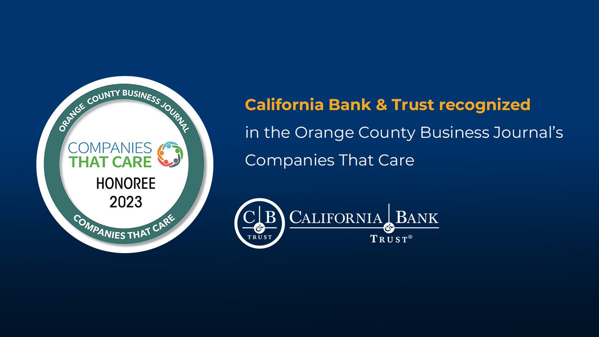 CB&T is thrilled to announce the bank was recognized in the @OCBizJournal's 2023 Companies That Care. We pride ourselves on our commitment to strengthen communities across California by giving back and truly making a difference in the markets we serve. bit.ly/3xtgRo9