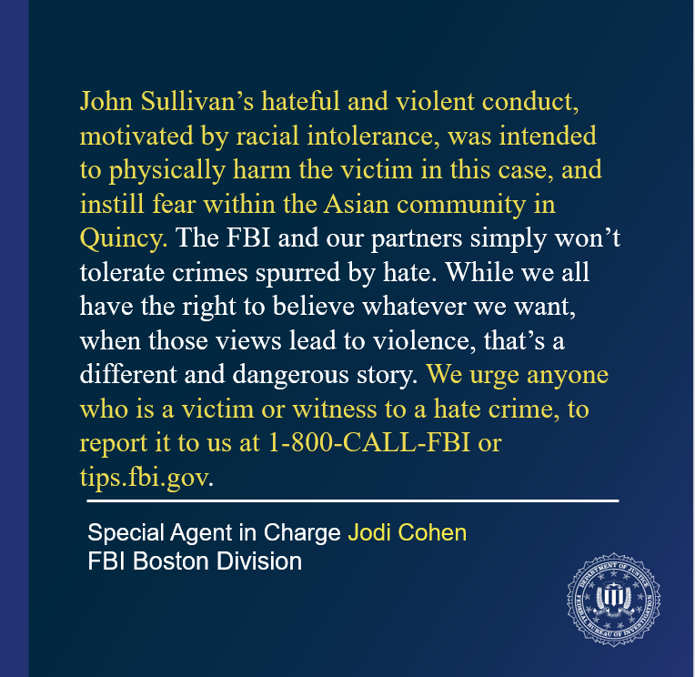 #BREAKING: John Sullivan, of Quincy, MA, admitted today to committing a hate crime following an #FBI Boston investigation with assistance from @quincymapolice. ow.ly/RP6t50R7Xh1
