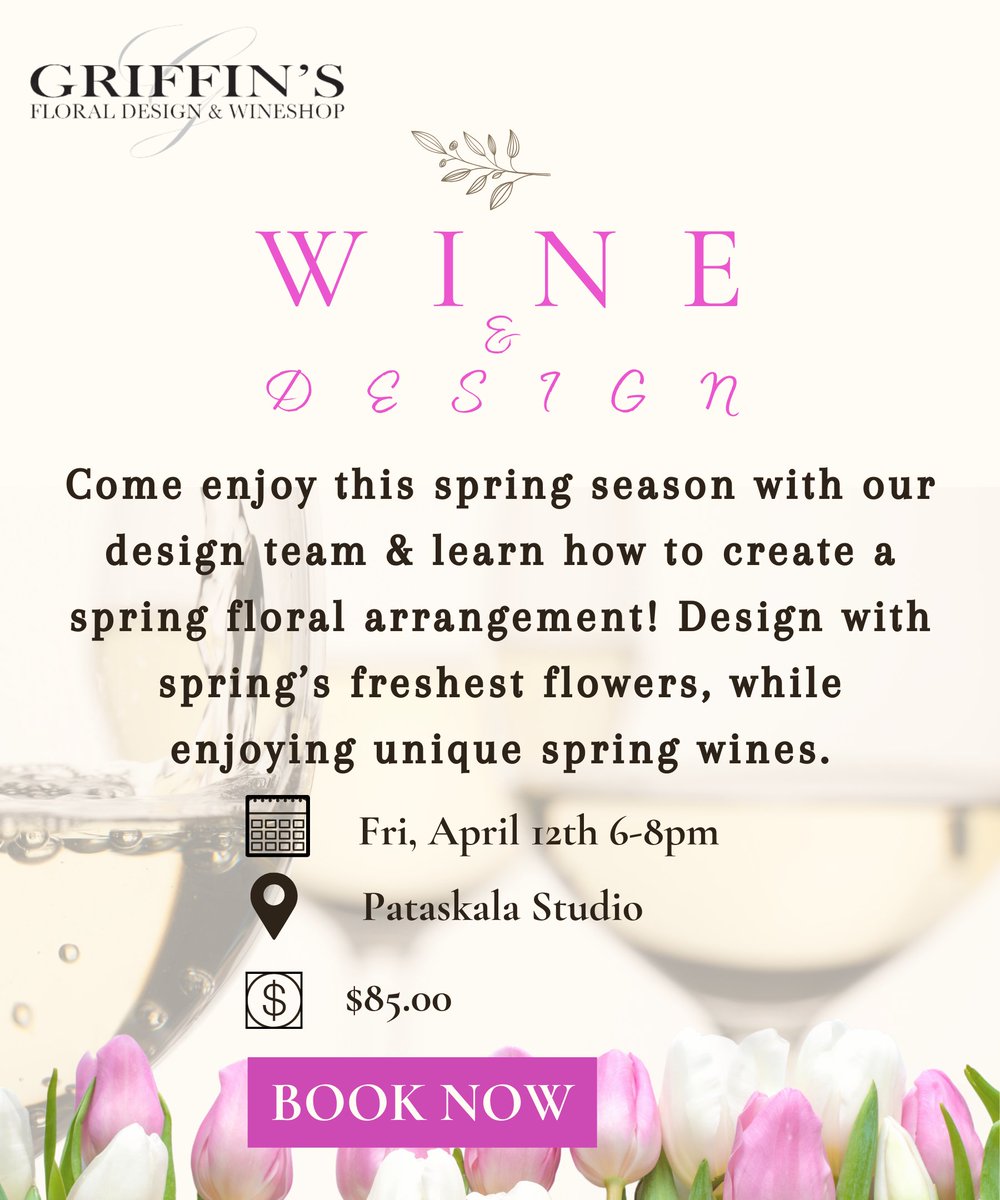 griffinsfloral's tweet photo. Join us APRIL 12th 6-8pm for our spring 💐wine &amp; design💐

BOOK NOW while spots are still available
⬇️⬇️⬇️⬇️

https://t.co/amNrljDvu7

#griffins #floral #floraldesign #design #class #designclass #designclasses #designclassic #spring #wine #winetasting https://t.co/GmvcDeZ2ep