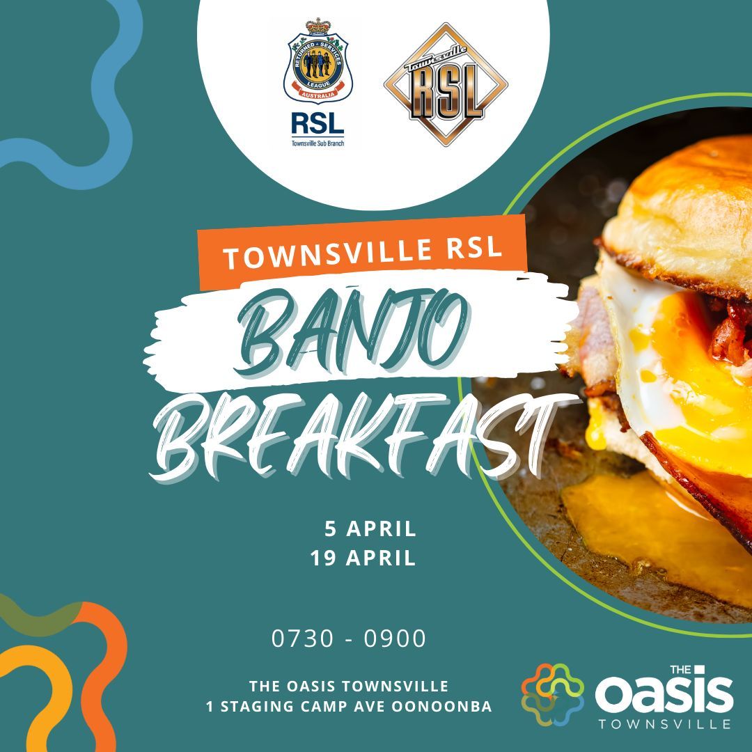 BANJO BREAKY - Start your Friday right drop in for a FREE small coffee and FREE delicious Bacon and Egg Banjo (english muffin).
WHEN: Every second Friday Next is Friday5April
TIME: 730am-9am
WHERE: The Oasis Townsville 1 Staging Camp Ave, Oonoonba (enter via Darter Street)