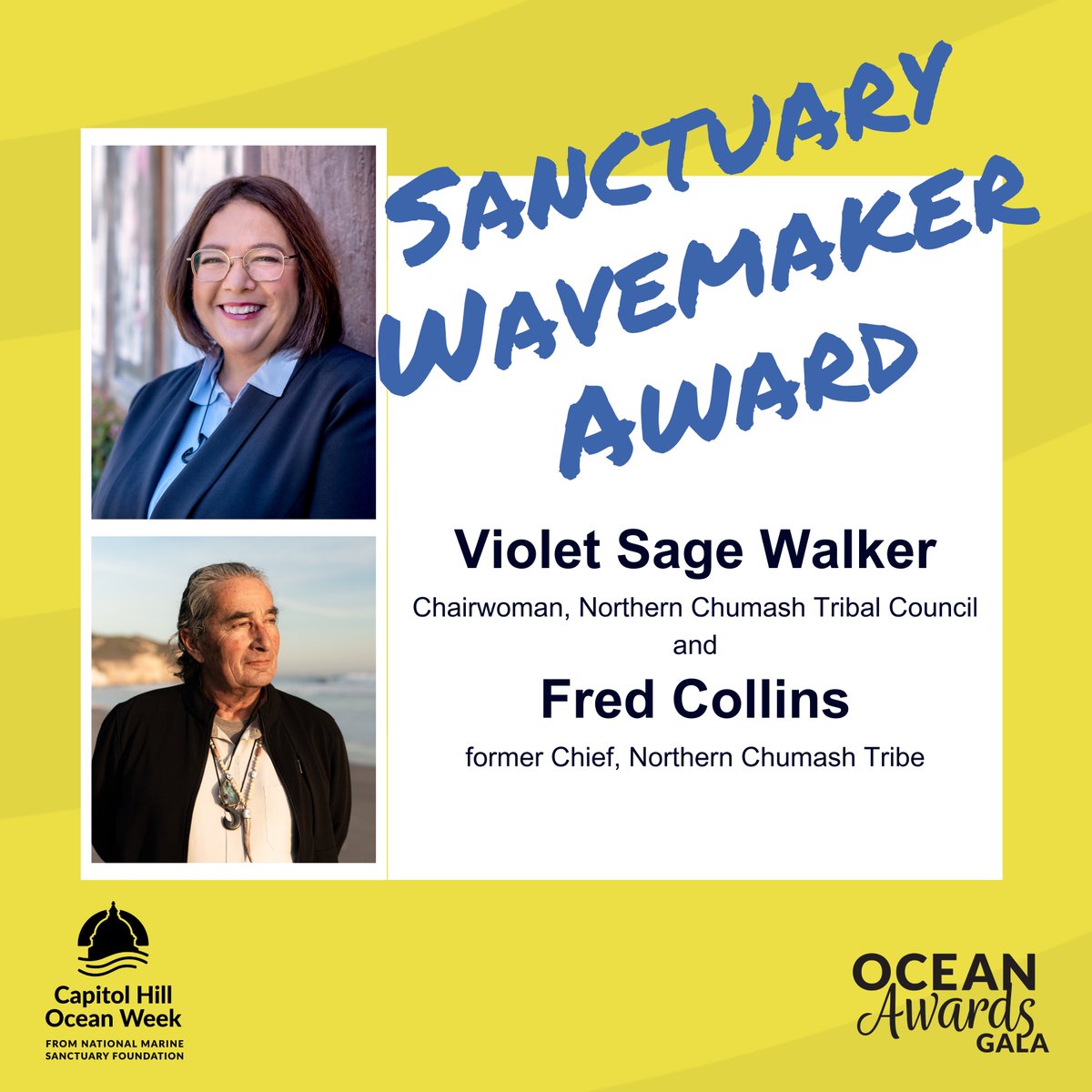 The 2024 Sanctuary Wavemaker Award will honor Chair @bluevioletsage of the Northern Chumash Tribal Council, with special recognition for her father, the late chief Fred Collins, for their leading roles in the effort to designate @CHNMSanctuary. marinesanctuary.org/news/leadershi… #CHOW2024