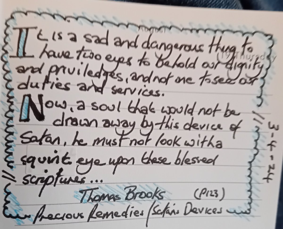 weecalvin1509's tweet photo. In his most helpful little book, "Precious Remedies against Satan's Devices," Puritan Thomas Brooks warns against having squinted eyes for only the dignity and privileges of believers and not for their duties. We need both to grow in grace. #thoughtsbook #RealMeat #NoFluffStuff https://t.co/vG27rmKz5s