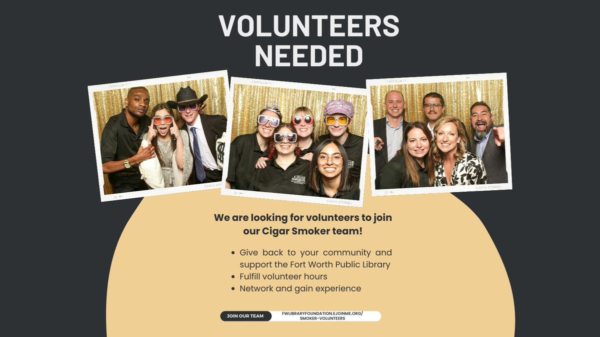 Do you have a passion for lifting up your Fort Worth community? Come volunteer at the 2024 Cigar Smoker and show support for <a href="/FtWorthLibrary/">Fort Worth Public Library</a>.

We have a variety of roles to match your interests and skills. There’s something for everyone!

Sign up here: fwlibraryfoundation.ejoinme.org/Smoker-Volunte…