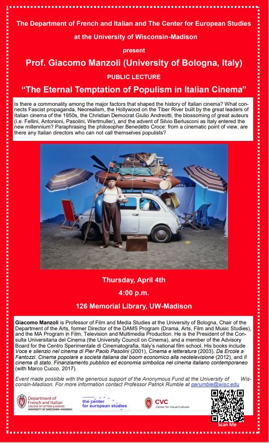 Come hear Professor Giacomo Manzoli give his public lecture 'The Eternal Temptation of Populism in Italian Cinema' @ 4PM in 126 Memorial Library. For more information click this link: europe.wisc.edu/event/giacomo-…