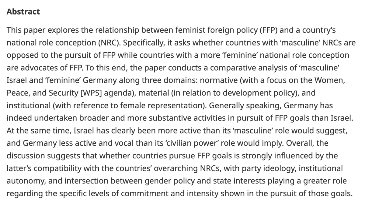 🚨 Open access: 'Feminist foreign policy in Israel and Germany? The Women, Peace, and Security agenda, development policy, and female representation' by @1Amnon and Klaus Brummer (@unieichstaett) 🗺️ Read here: cambridge.org/core/journals/… @MyBISA #EJIS