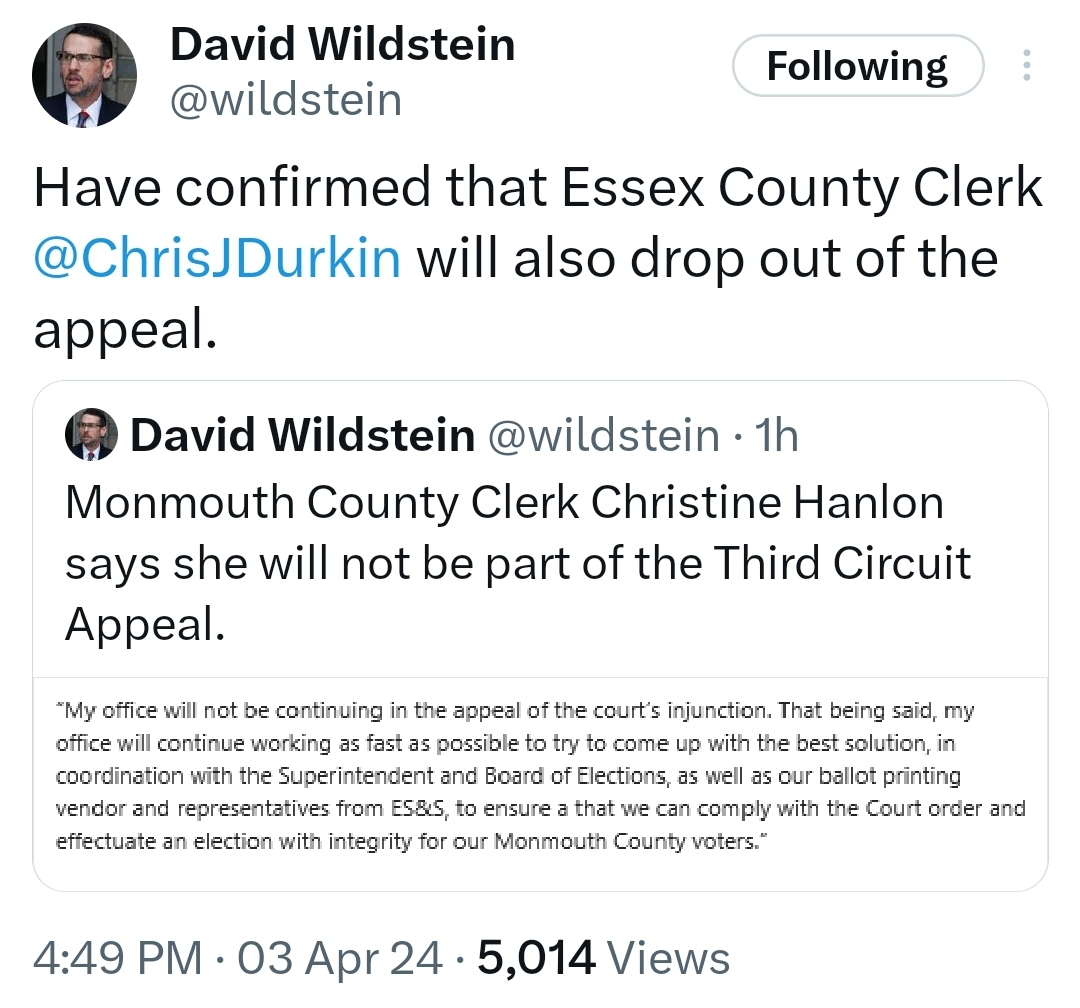 TedGamble4BLMFD's tweet photo. Essex & Monmouth County Clerks step back from the unconstitutional appeal on county lines. It took long enough. But why is our opponent silent on this issue funded by her campaign's political machine? #TeamGamble #ElectionIntegrity #Bloomfield https://t.co/84eaHkY2lM