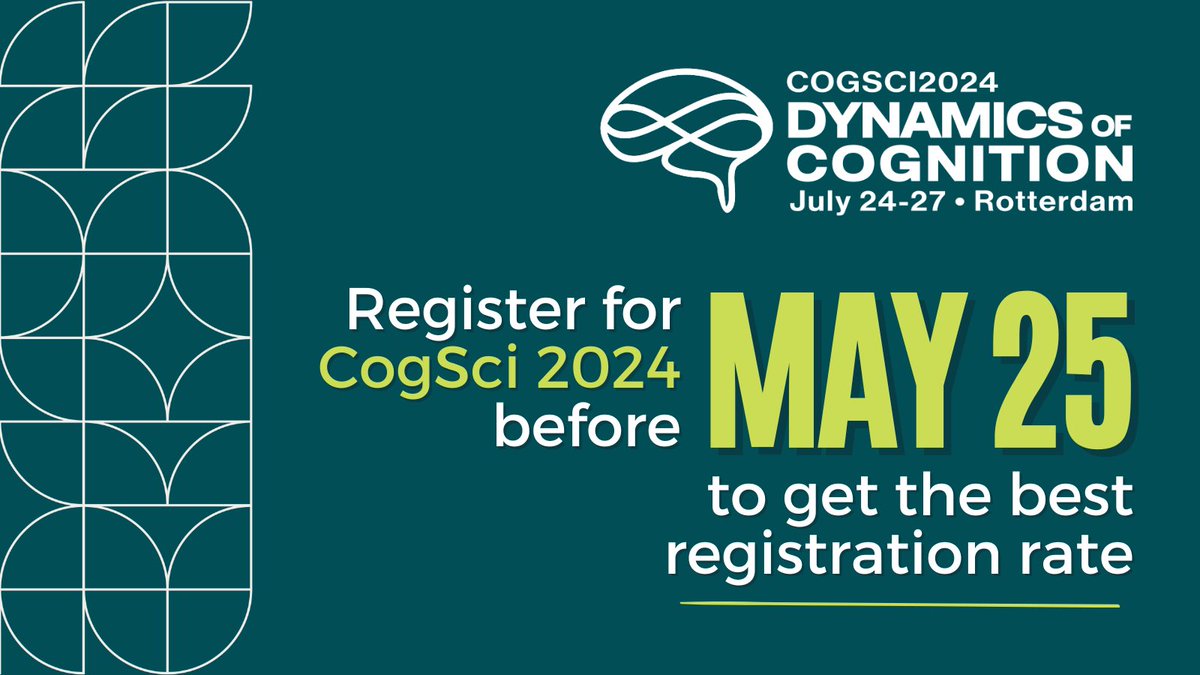 Registration for #CogSci2024 IS OPEN and you will get the BEST RATE if you register before May 25! cognitivesciencesociety.org/registration/ If attending poses financial challenges, we’re still offering financial hardship waiver and support for your additional family care costs! Apply by May 25!