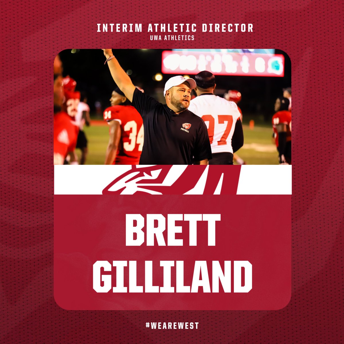 West Alabama Athletics has tapped Brett Gilliland as Interim Athletic Director beginning June 1. He will continue to serve as UWA head football coach. LINK TO RELEASE: bit.ly/3J9EzbC #WeAreWest | #UWAAthletics