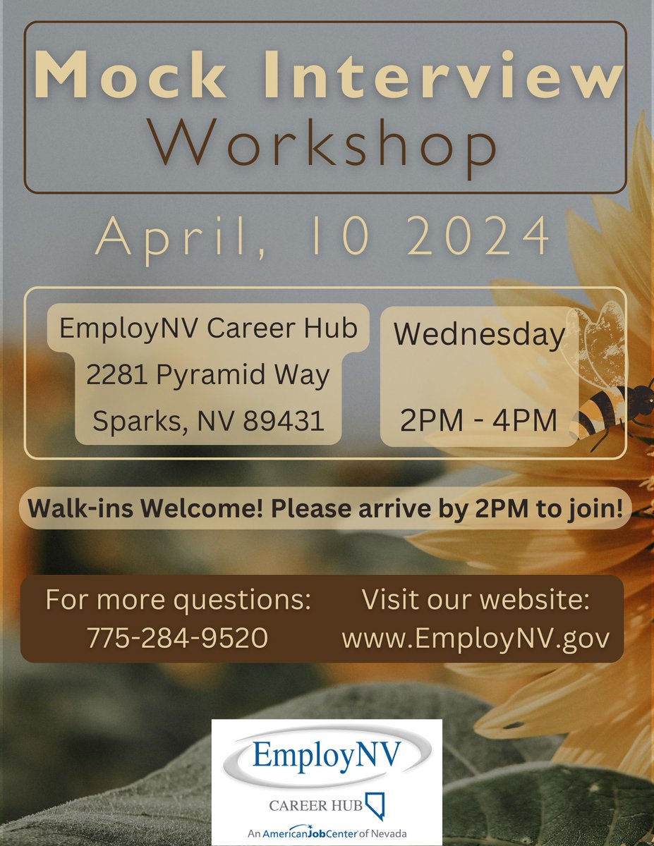Join us for a transformative Mock Interview Workshop where you'll sharpen your skills!

2pm-4pm on 04/10/24 at the EmployNV Career Hub, 2281 Pyramid Way, Sparks, NV

Walk-ins are welcome and we hope to see you here!

#Interview #Workshop #JobSkills