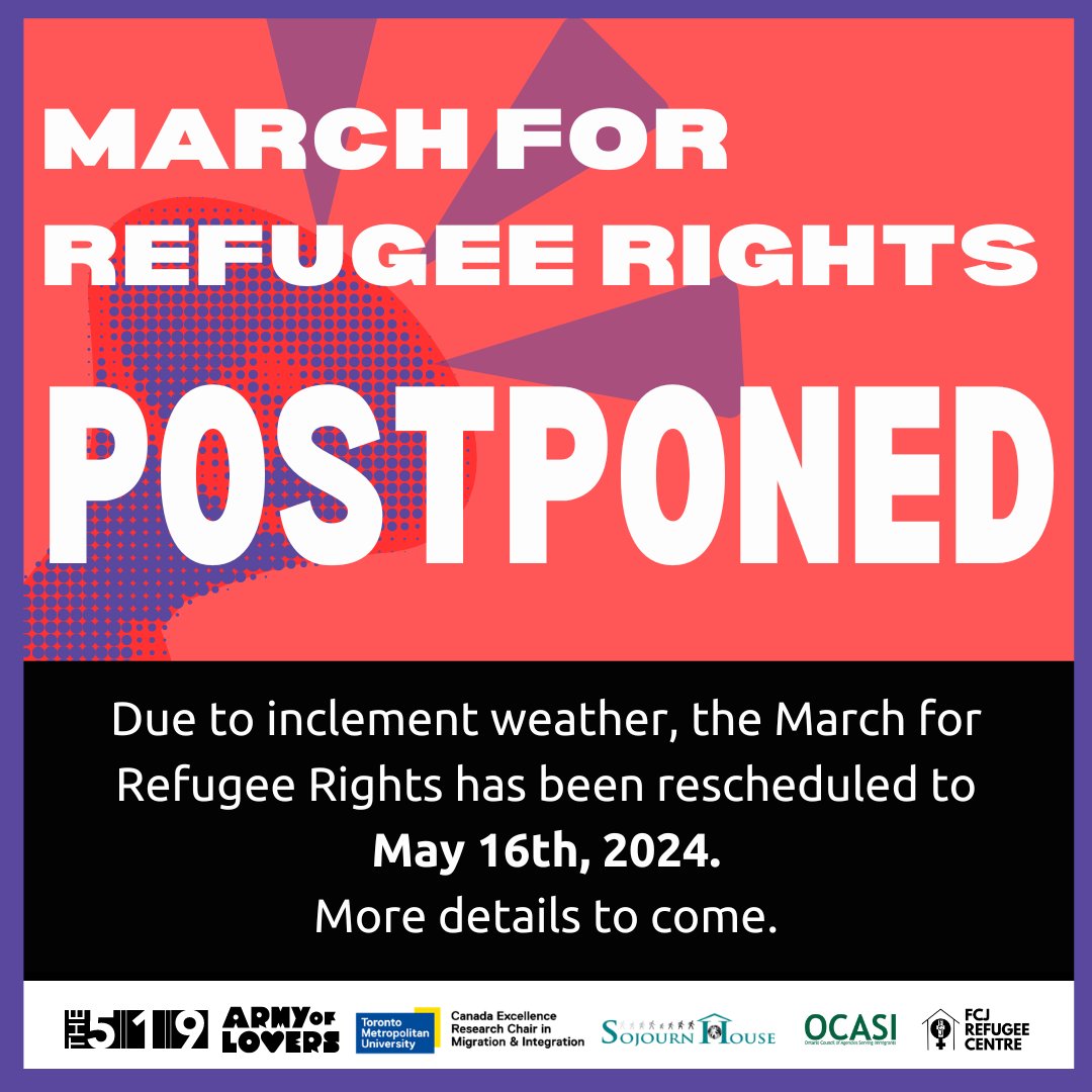 Given the current inclement weather conditions, the March scheduled for tomorrow, Refugee Rights Day, has been postponed to May 16th, 2024. Please stay tuned for more details. The Refugee Rights Day Documentary Screening is NOT cancelled. READ MORE 👇 fcjrefugeecentre.org/events/refugee…