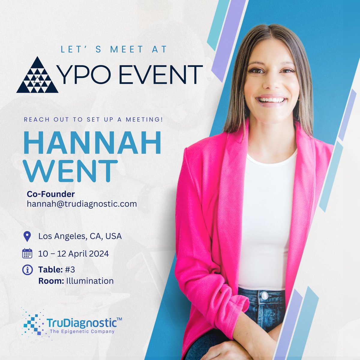 The @TruDiagnostic team will be attending the @YPO 
Health and Wellness Network Longevity Summit from April 10th-12th at the Luskin Conference Center in LA.

@RyanSmithEpiAge  and I are looking forward to meeting you! If you're interested in chatting, just shoot me a message.