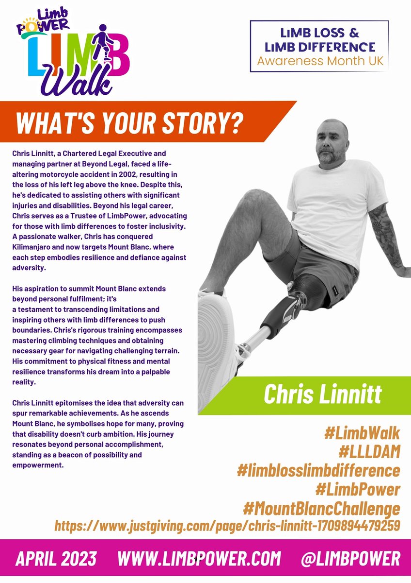 🌟#LLLDAM🌟 Meet Chris Linnitt, the epitome of resilience and determination. As an amputee personal injury lawyer and avid walker, he's proving that obstacles are meant to be conquered! Plus, get ready to cheer him on as he tackles Mount Blanc this June! 🏔️ #LimbLife #Inspiration