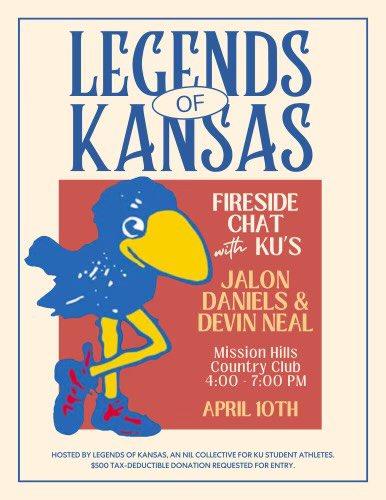 This is such a cool idea. Love it and hope we see more of these. This one will have two stars in @JalonDaniels6 and @Dev_Neal23 in person for fireside chat w/ our own @BRANDONMCANDERS moderating. Tax deductible. Limited seating. Act fast. RSVP by 4/7. legendsofkansascollective.com/fireside