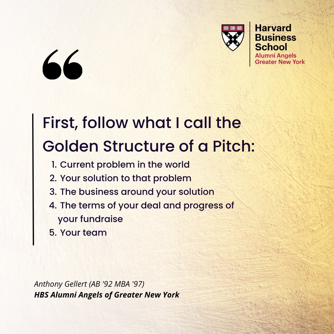 'This is how investors listen. These are the empty research receptacles in their head ready to be filled by you. In that golden order. If you stray from this, investors will tune out and just wait for the next pitch. ' - Anthony Gellert (AB '92 MBA '97) hbsangelsny.com/post/five-thin…