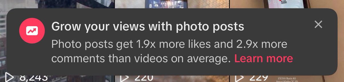 Get a load of this… TikTok (video platform) displays a notice for me to share more photo posts, where Instagram (photo platform) encourages more video posts… TF 🤦🏽‍♂️ These apps be on something…