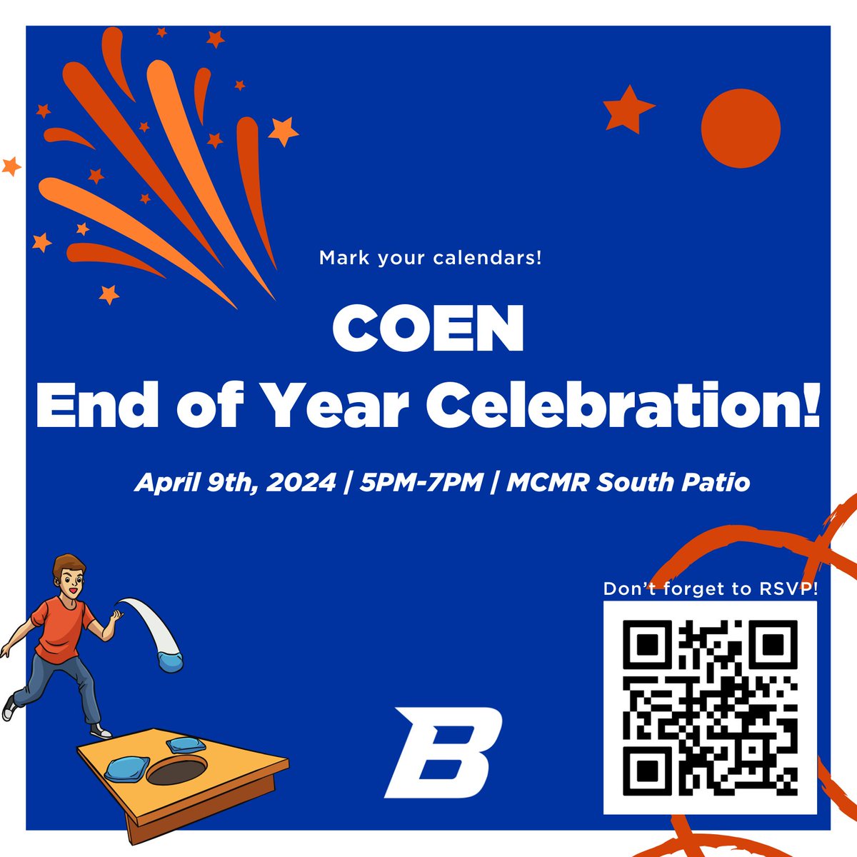 The #BoiseStateCOEN Ambassadors are hosting an end-of-the-year celebration for all COEN students, faculty and staff. Join us next Tuesday, April 9, on the MCMR south patio from 5-7 p.m. Check your Canvas notifications to RSVP to help us plan for food, games, and more!