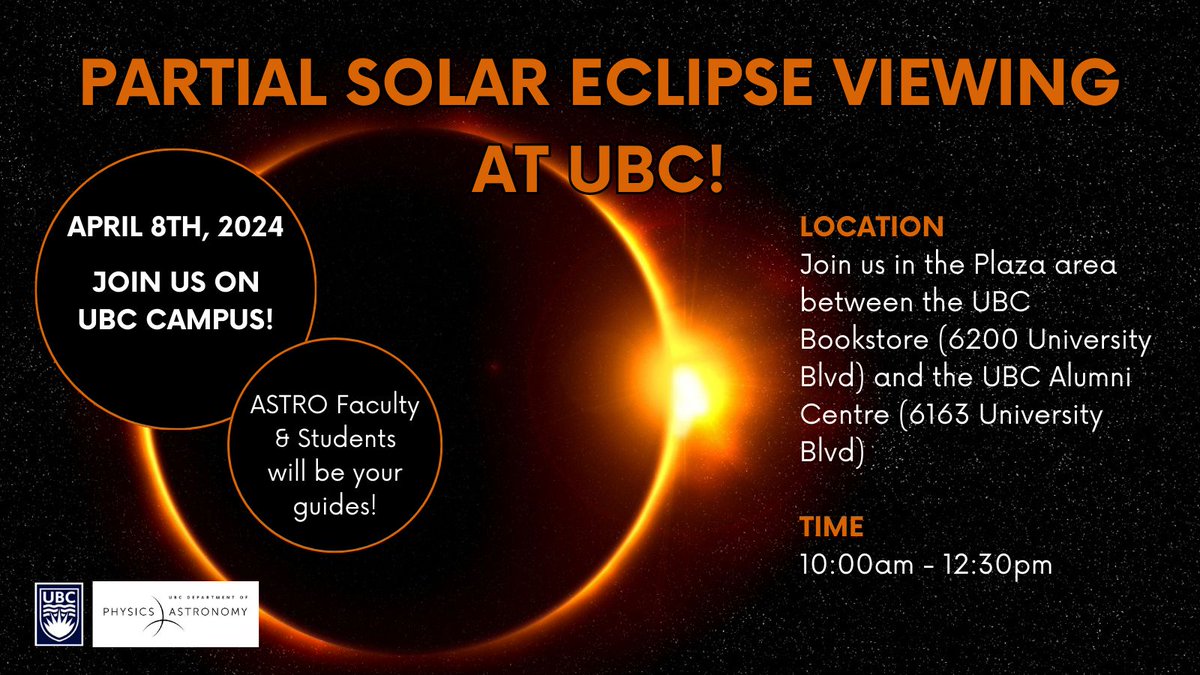 On April 8th get ready to look up! Come join us for this partial eclipse viewing outreach event where students and faculty will be your guides, sharing eclipse glasses and telescopes for you to view it safely. See you there! @ubc @ubcscience @triumf_lab #eclipse #astronomy