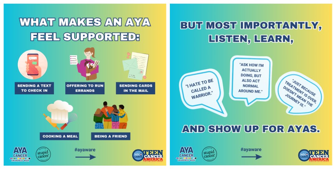 We asked our community to provide insight into the kinds of support they would most appreciate as they go through their cancer journey. Here are a few options, but keep in mind there are endless ways to support the AYA cancer community, including spreading the message #AYAWARE