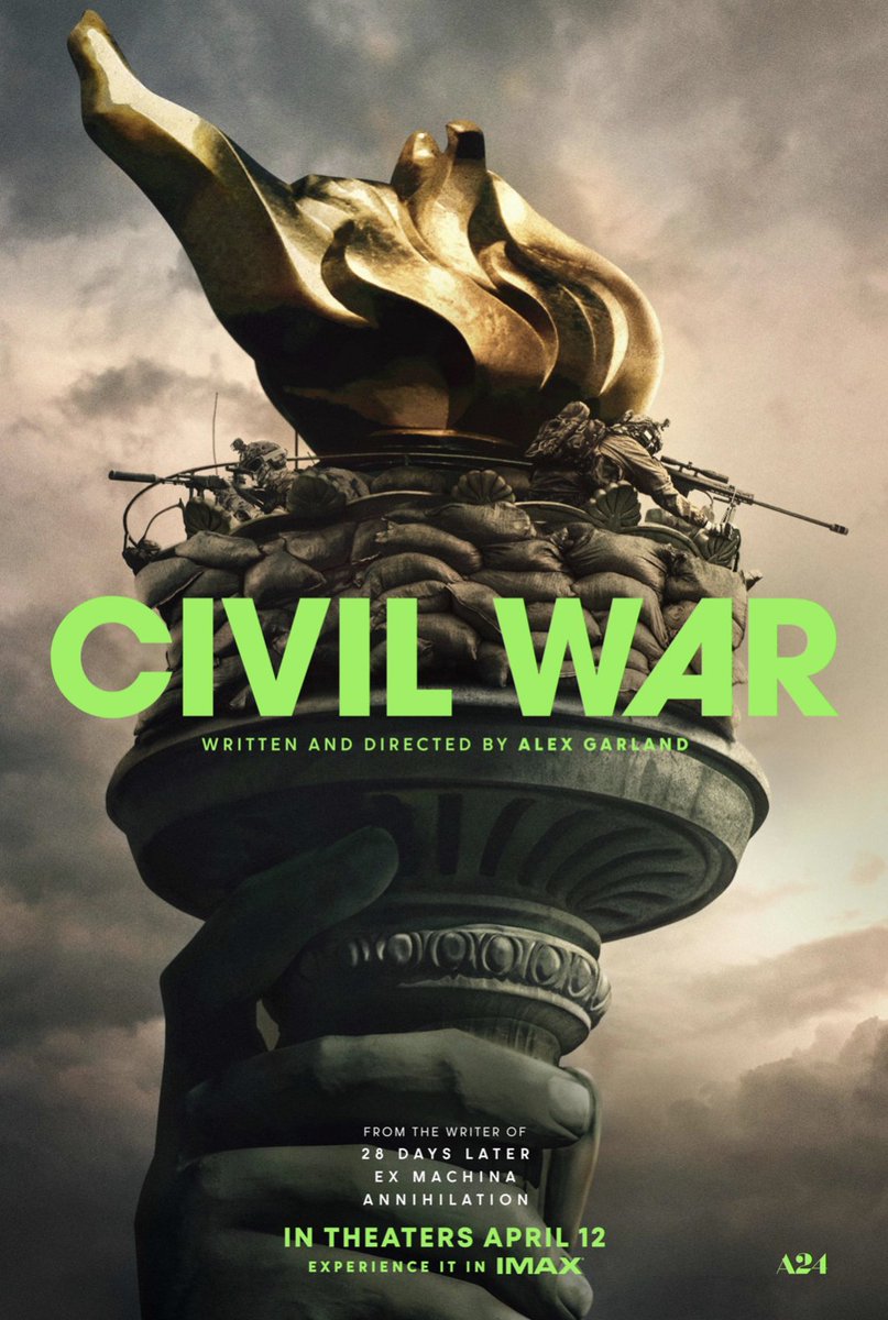 Alex Garland's urgent and intense #CivilWar grabs you by the throat and forces you to watch. A vivid near-future shock through a subjective lens, I saw shades of Gillo Pontecorvo's immediacy laced with John Carpenter's sly satire. See it large and loud. It's powder keg cinema.