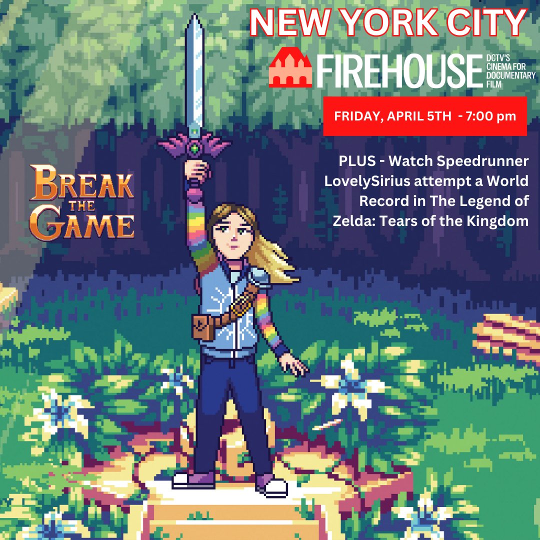 Our NYC Theatrical Premiere is this Friday at @DCTVny at 7:00 PM. After the screening watch as speedrunner LovelySirius attempts a World Record in #Zelda #TearsOfTheKingdom Tix: tinyurl.com/3ayw67c8