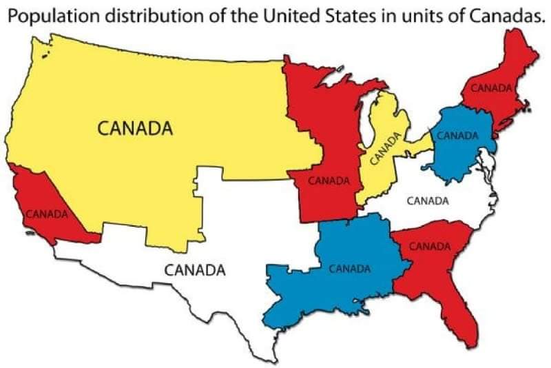 TerribleMaps's tweet photo. Population distribution of the United States in units of Canadas https://t.co/xGooUYRpOQ