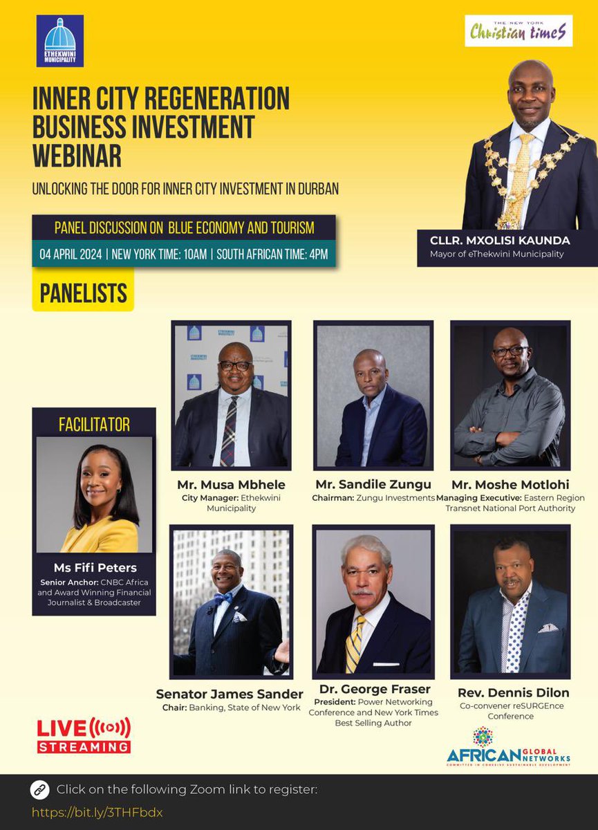 JOIN the 🚨LIVE STREAM🚨for Inner City Regeneration Business Investment Webinar with our mayor, CLLR.Mxolisi Kaunda alongside distinguished panelist’s, spearheading a discussion on Property and Infrastructure Development in eThekwini🔈🔉🔊