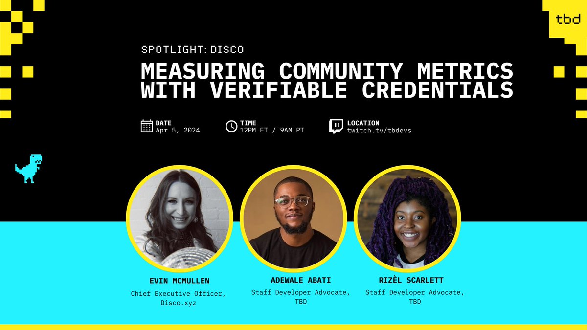 Measuring the impact of community is hard. Why not use Verifiable Credentials to help you? Join @provenauthority to learn how @discoxyz simplifies data while protecting user privacy. 📅 Apr 5, 12pm ET 📺 On twitch.tv/tbdevs 💬 Chat with us on TBD Discord