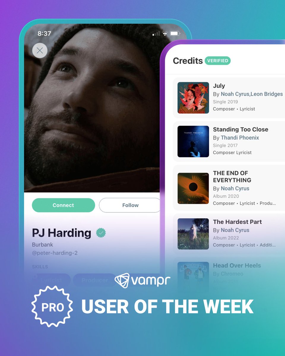 🎶 Say hello to this week’s #Vampr Pro User of the week @pjhardingmusic, who is a #MultiPlatinum #Producer, #Songwriter, #Singer & #Lyricist, who has worked with legends like @noahcyrus, @oneruel & more! 😍 Connect with PJ on Vampr today: vampr.me/artist/peter-h… 🙌 . . . .