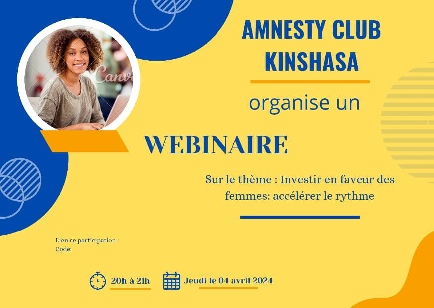 Le Club Amnesty Kinshasa organise une conférence ce jeudi 04 Avril à 20h (heure de Kinshasa),dans le cadre de la célébration de la #JIF . Signalons la participation de deux intervenantes dont l'une est experte en VBG et l'autre journaliste et DDH. meet.google.com/pbn-bodq-eio
