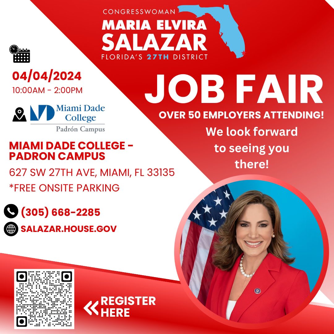 REMINDER: My office is hosting a Job Fair TOMORROW, April 4th from 10am-2pm at the @MDCollege Padrón Campus. 50+ employers will be available to answer your questions about job openings. Register here ⬇️ docs.google.com/forms/d/e/1FAI…