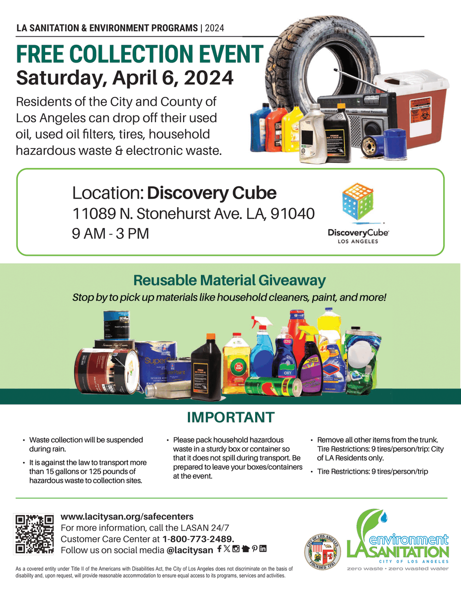 LACitySAN's tweet photo. Dispose of #oils #oilfilters #tires #household hazardous &amp; electronic waste properly at the #Discoverycube. Join us from 9am - 3pm 

#hazardwaste #discoverycube #giveaway #tillsuppleislast #electronicwaste https://t.co/6EPXi3mHK2
