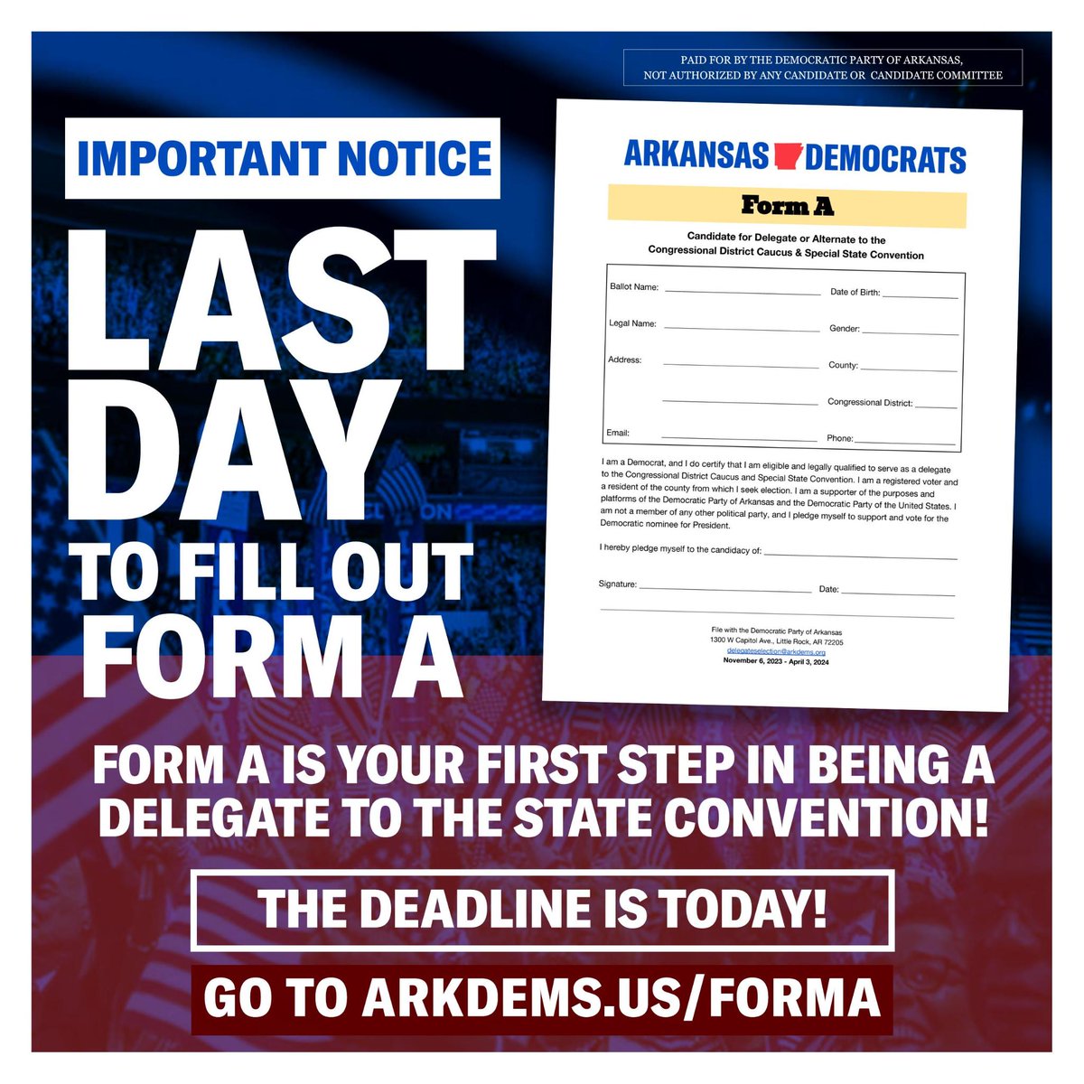 ⏰⏰ ONLY A FEW HOURS LEFT ⏰⏰ Arkansas Democrats — TIME IS RUNNING OUT TO HELP RE-ELECT @POTUS & @VP Fill out Form A to secure your voting status at the Arkansas Special State Convention! It only takes under 5 minutes: arkdems.us/FormA
