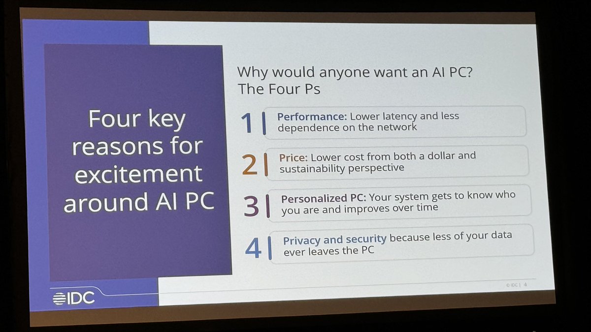 sarbjeetjohal's tweet image. AI PC: As all major OS vendors (basically 3) rush to leverage AI developments, they will change OSes to leverage the NPUs and GPUs and that will pump up the #AIPC demand.  

#IDCdirections