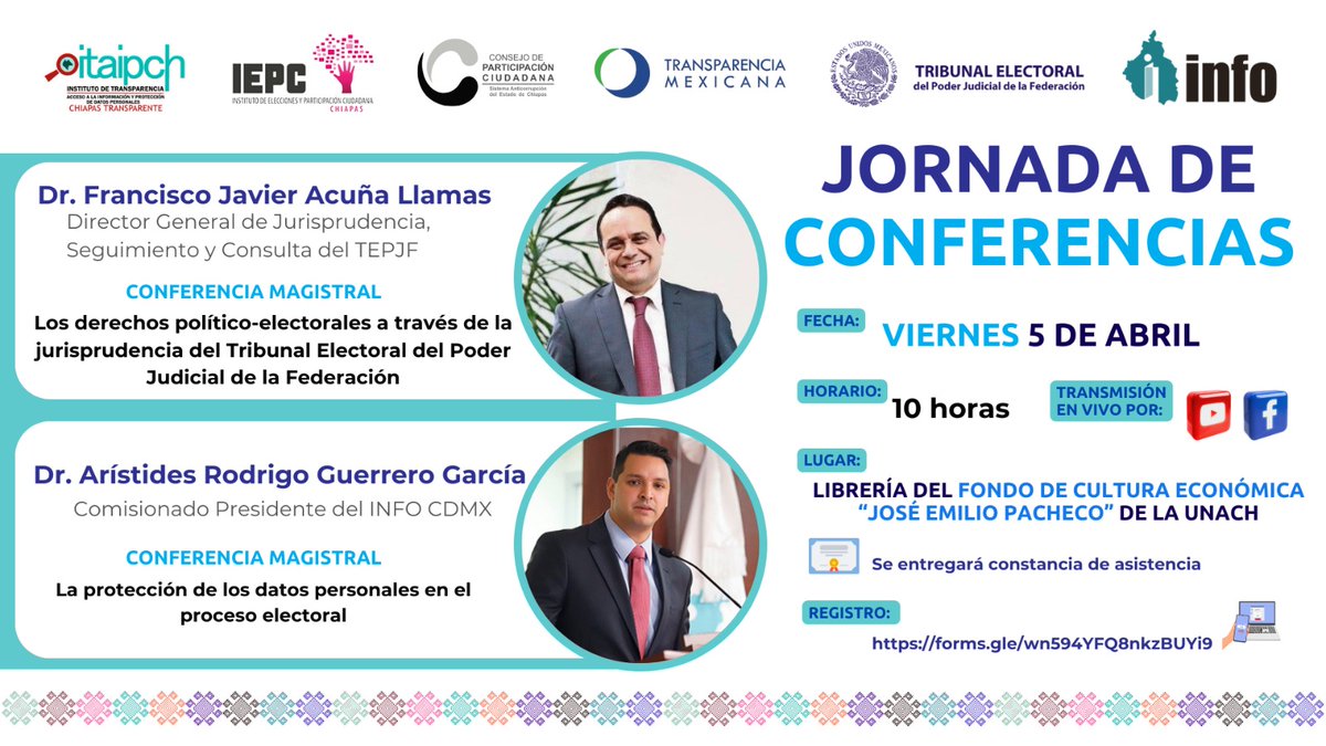 👉Te invitamos a la "Jornada de Conferencias" impartidas por el Dr. <a href="/f_javier_acuna/">Francisco J. Acuña</a>, Director General de Jurisprudencia, Seguimiento y Consulta del TEPJF y el Dr. <a href="/AristidesRodri/">Arístides Rodrigo Guerrero García</a>, Comisionado Pdte del <a href="/InfoCdMex/">INFO CDMX</a>.
🗓️5 de abril
⏰10:00 hrs
Regístrate: forms.gle/wn594YFQ8nkzBU…
