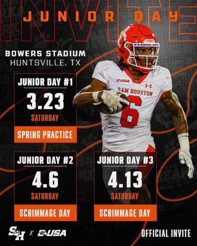 Thank you for an invite to <a href="/BearkatsFB/">Sam Houston Football</a> Junior day!!
<a href="/FarmersvilleAth/">Farmersville ISD Athletics</a> <a href="/CoachZacQuinlan/">Zac Quinlan</a> <a href="/SBlassingame12/">Stephen Blassingame</a> <a href="/CoachHoward1010/">Josh Howard</a> 
<a href="/treyee__/">Treye Atkinson</a>