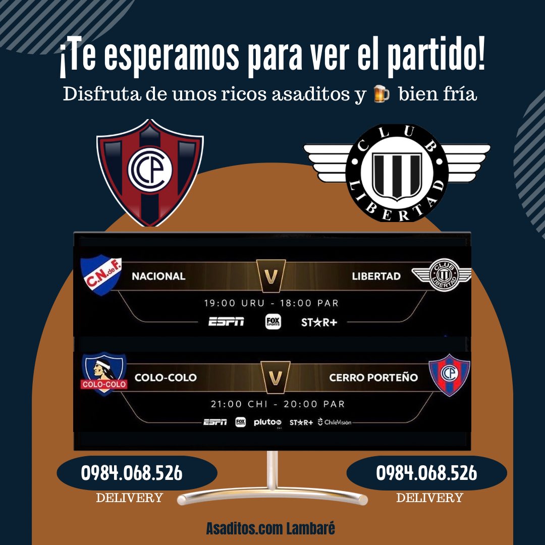 Vamos a estar televisando los partidos de hoy ‼️
Les esperamos ☺️
También pueden hacer sus pedidos para delivery o para pasar a buscar: 📱0984.068.526

wa.link/1xcr6p