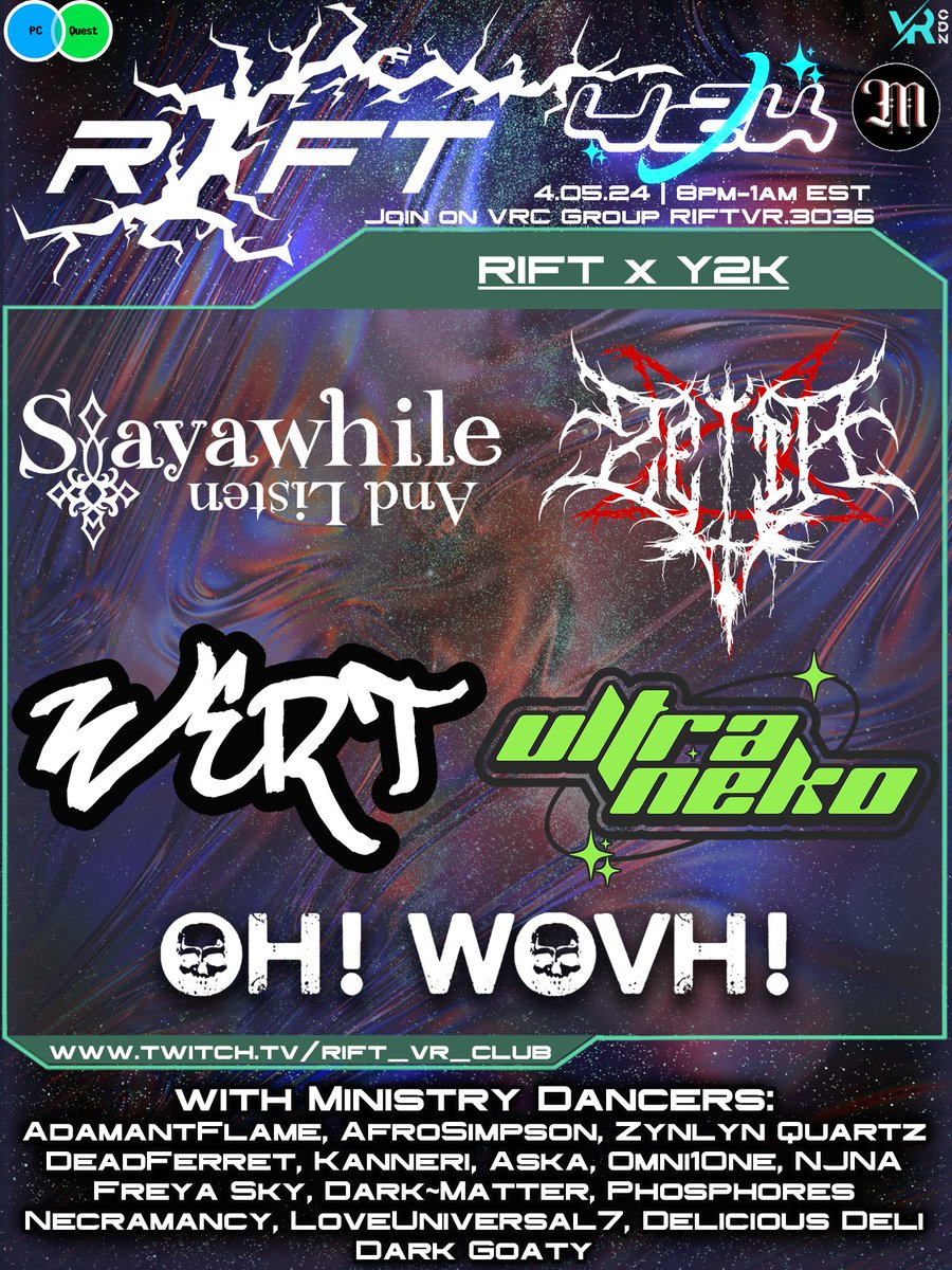 We are two days away from our collab with Y2K! Join us at 8pm EST for a trans dimensional event! Featuring DJs <a href="/Stayawhilevr/">Stayawhile</a>, <a href="/xZetta66/">Zetta !!</a>, <a href="/UltraNekoY2K/">Baby A</a>, Wert, and <a href="/OH_WOVH/">OH! WOVH! 🐾💜</a>! Dancers will be provided by
<a href="/MinistryPromoVR/">Ministry Promotions</a>. The event is both PCVR and Android (Quest) compatible!